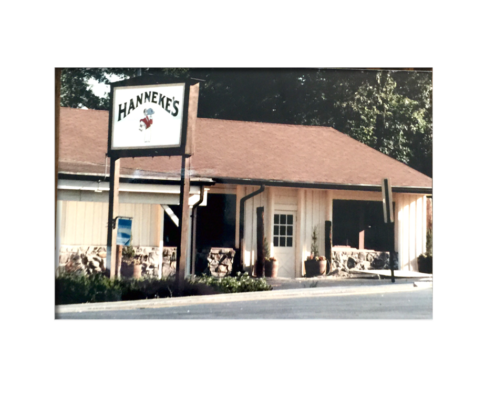 storefront featuring prominate Hanneke's sign - circa 1975